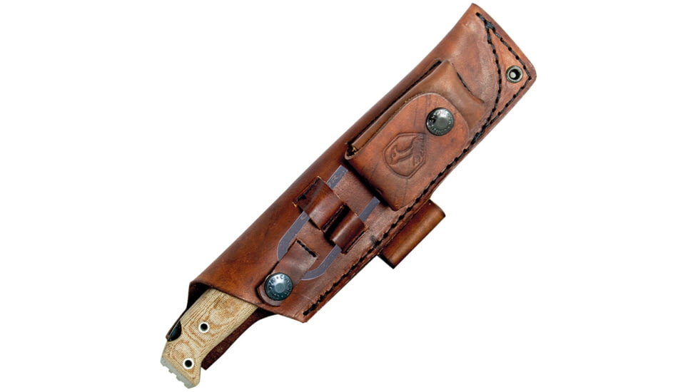 Condor Tool and Knife Toki Knife, 9.25in Overall, 4.5in Blasted Satin 1075Hc Steel Drop Point, Natural Canvas Micarta Handle w/ Concave Notch And 90 Degree Striker, Brown Leather Sheath, CTK3920-4.7HC