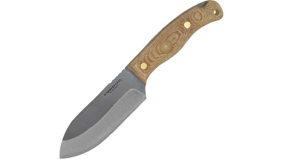 Condor Tool and Knife Toki Knife, 9.25in Overall, 4.5in Blasted Satin 1075Hc Steel Drop Point, Natural Canvas Micarta Handle w/ Concave Notch And 90 Degree Striker, Brown Leather Sheath, CTK3920-4.7HC