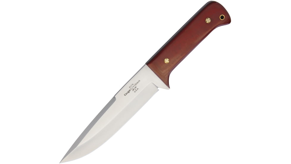 Cougar Creek Survival Bowie Red Linen Knife, 11.25in Overall, 6.63in Satin 1095Hc Steel Blade, Red Linen Micarta Handle, Green Liners, Black Leather Sheath, TFCC5 RED LINEN