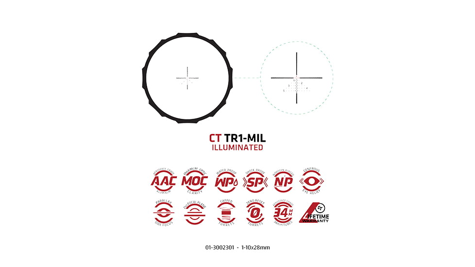 Crimson Trace Hardline Rifle Scope, 1-10x28mm, 34mm Tube, Second Focal Plane, Illuminated CT TR1-MIL, 01-3002301