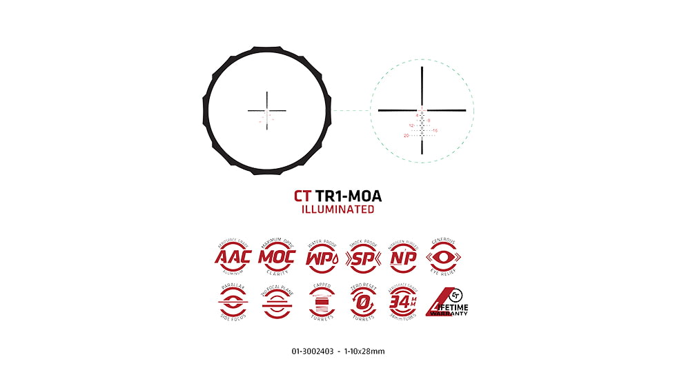 Crimson Trace Hardline Rifle Scope, 1-10x28mm, 34mm Tube, Second Focal Plane, Illuminated CT TR1-MOA, 01-3002403