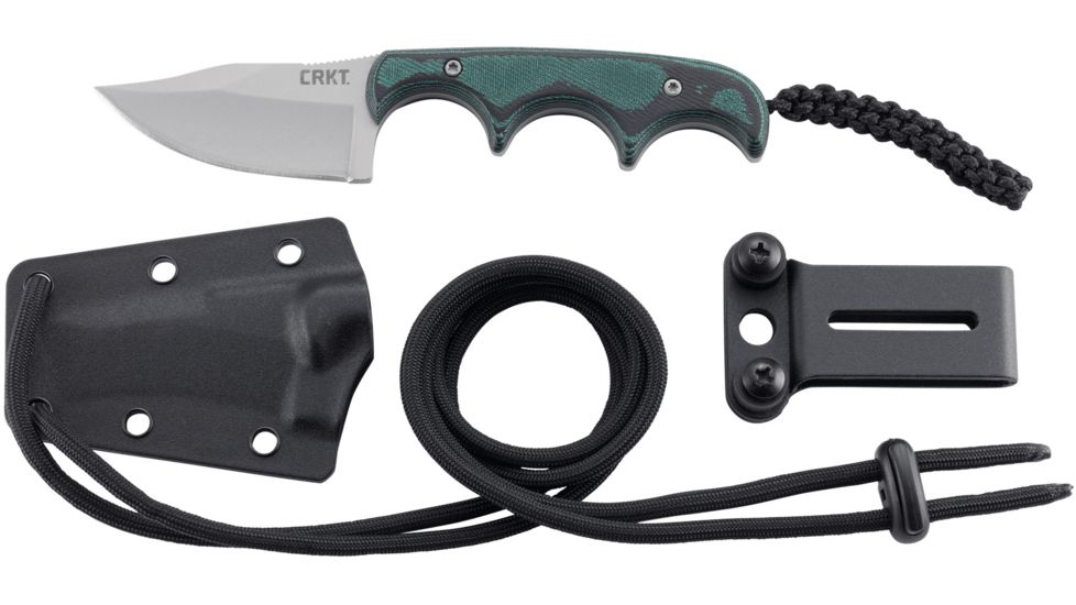 CRKT Minimalist Bowie Fixed Blade Knife, 2.13in, 5Cr13MoV Stainless Steel Blade, Bowie Blade, Black/Green G10 Handle, 2387