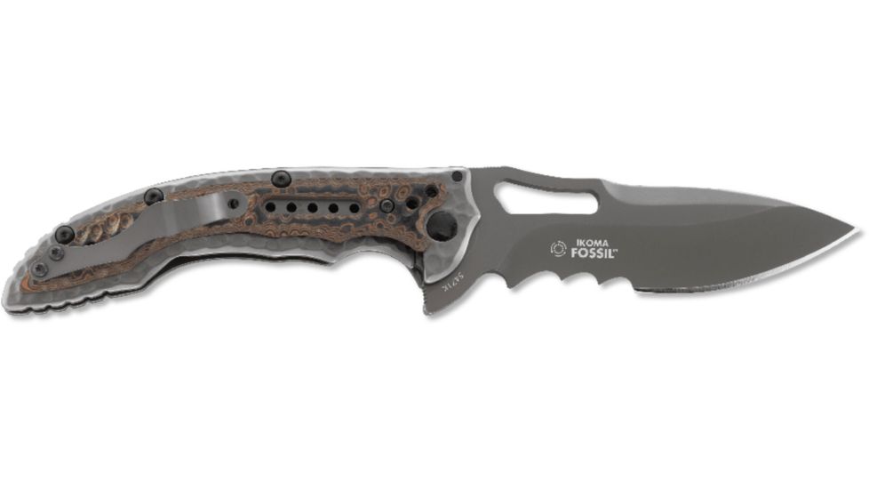 CRKT Ikoma Fossil - 3.96in. Black Blade w/ Veff Serrations, IKBS, Stainless Steel &amp; G10 Scales, Clip 5471K