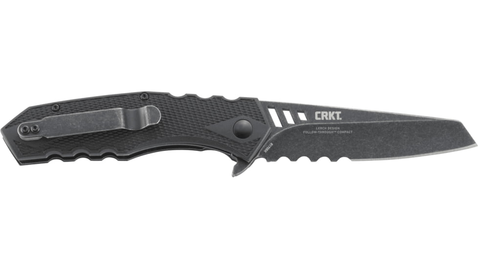 CRKT LOCKING LINER WITH BLADE FLIPPER, Compact Tanto, Flat Top Serrations, Black and Gray, 3.25 R1706K