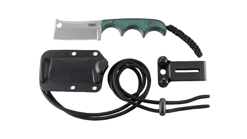 CRKT Minimalist Cleaver Fixed Blade Knife, 2.13in, 8Cr13MoV Stainless Steel Blade, Cleaver Blade, Black/Green G10 Handle, 2383
