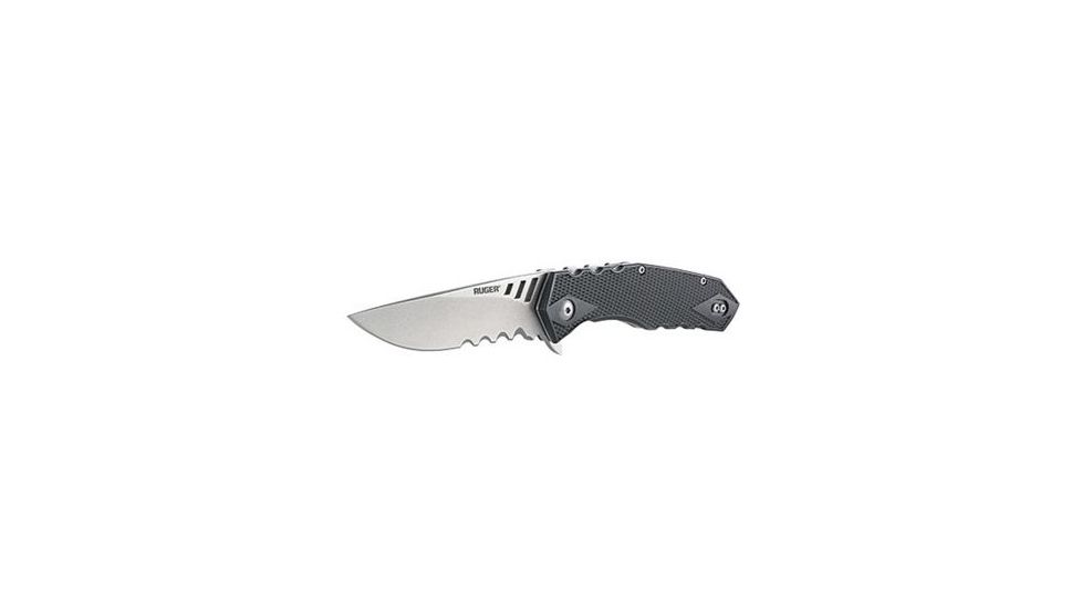 CRKT Ruger Knives FOLLOW-THROUGH Drop Point Blade COMPACT LOCKING LINER WITH BLADE FLIPPER Blade Length 3.25 in, Black and Gray R1704