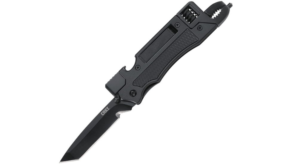 CRKT Septimo Multi-Tool Linerlock, 2.88 black oxide coated Veff serrated 8Cr13MoV st, Black aluminum handle with black GRN inlay, 7051