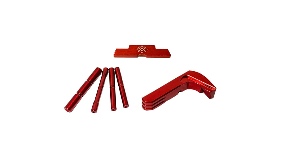Cross Armory P80 3 Piece Kit, 4 Pin Set, Extended Mag Catch, Extended Slide Lock, Red, Small, CRP80OKRD