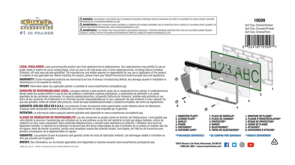 Cruiser Accessories Golf Club License Plate Frame Chrome/Painted, 19509