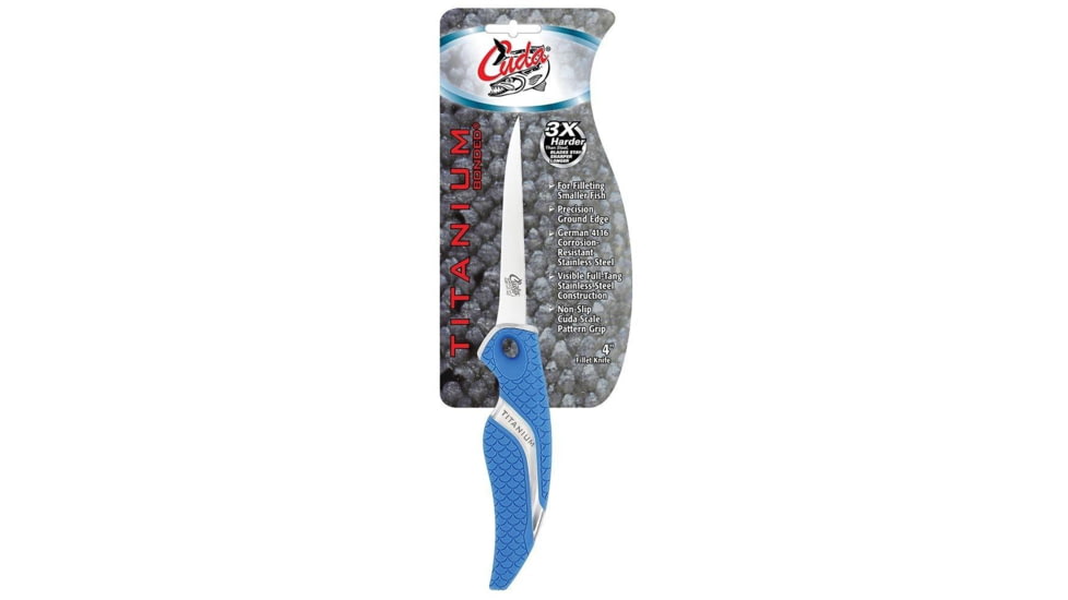 Cuda 4in Titanium Bonded Fillet Knive, German 4116 Corrosion Resistant Stainless Steel Blade, Non-Slip Cuda Scale Pattern Grips, 18853