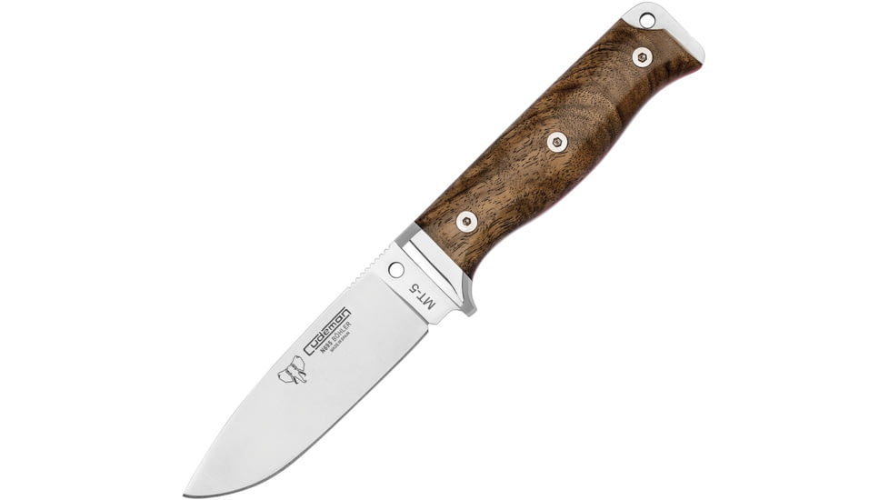 Cudeman MT5 Survival Knife Walnut Fixed Blade Knife, 8.88in Overall, 4.25in Satin Bohler N695 SS Drop Point, Polished Walnut Handle, SS Guard, Red Liners, Lashing Hole, Multi-Position Sheath, 120-G