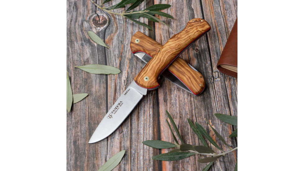 Cudeman Pandora Olive Folding Knife, 4.75in Closed, 3.75in Satin Bohler N690 SS Blade, Olive Wood Handle, Brown Leather Belt Sheath, 388-L