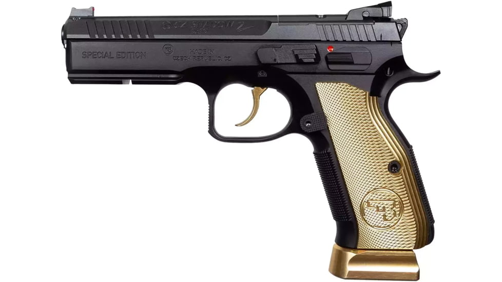 CZ-USA Shadow 2 Gold Digger OR FS Semi Auto Pistol, 9mm Luger, 4.89 inch Barrel, Adjustable Rear Sght, Golden Grip, 2-Mag 19 Rounds Capacity, 91242