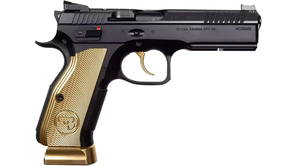 CZ-USA Shadow 2 Gold Digger OR FS Semi Auto Pistol, 9mm Luger, 4.89 inch Barrel, Adjustable Rear Sght, Golden Grip, 2-Mag 19 Rounds Capacity, 91242