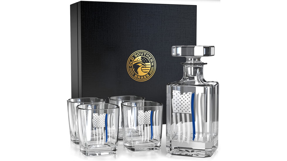 Old Southern Brass Thin Blue Line Police American Flag Premium Gift Box, Decanter Whiskey Glass Gift 5 Piece Set, Clear, One Size, OSB-5PCSET-TBL