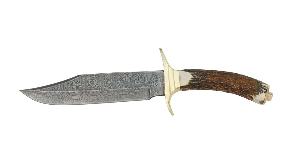 Damascus Bowie Fixed Knife, 11 1/2in, damascus Steel Blade, Stag Handle with brass finger guard and pommel DM1009