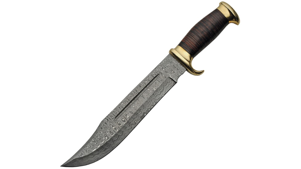 Damascus Bowie Knife, 16.25in Overall, 10.5in Damascus Steel Clip Point Blade, Stacked Leather Handle, Brass Guard, Brown Leather Sheath, DM-1204