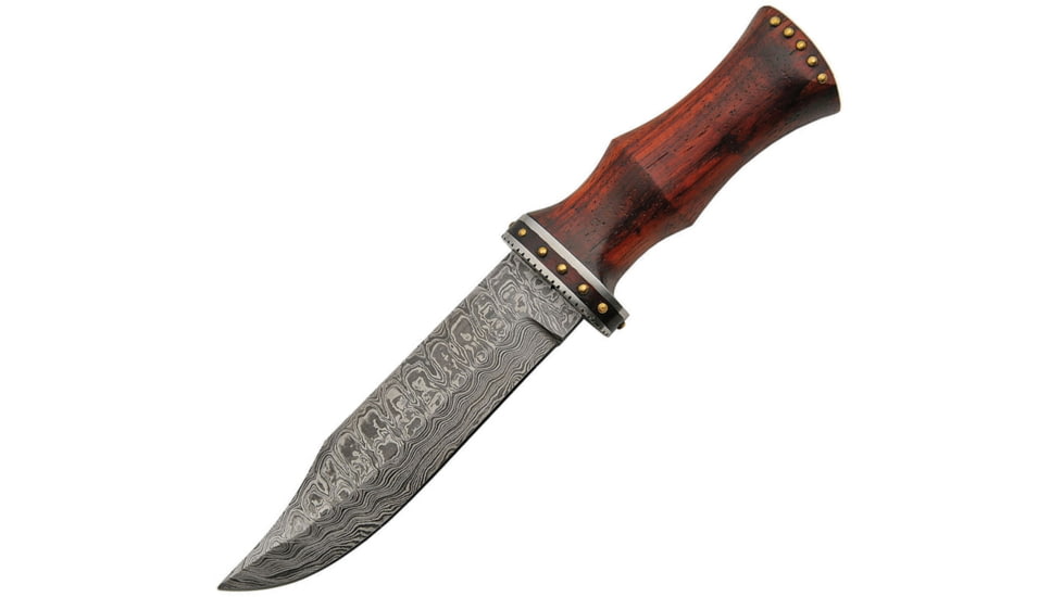 Damascus Bowie Rosewood Knife, 11in Overall, 6.25in Damascus Steel Clip Point Blade, Rosewood Handle, SS Guard, Brown Leather Sheath, DM-1170