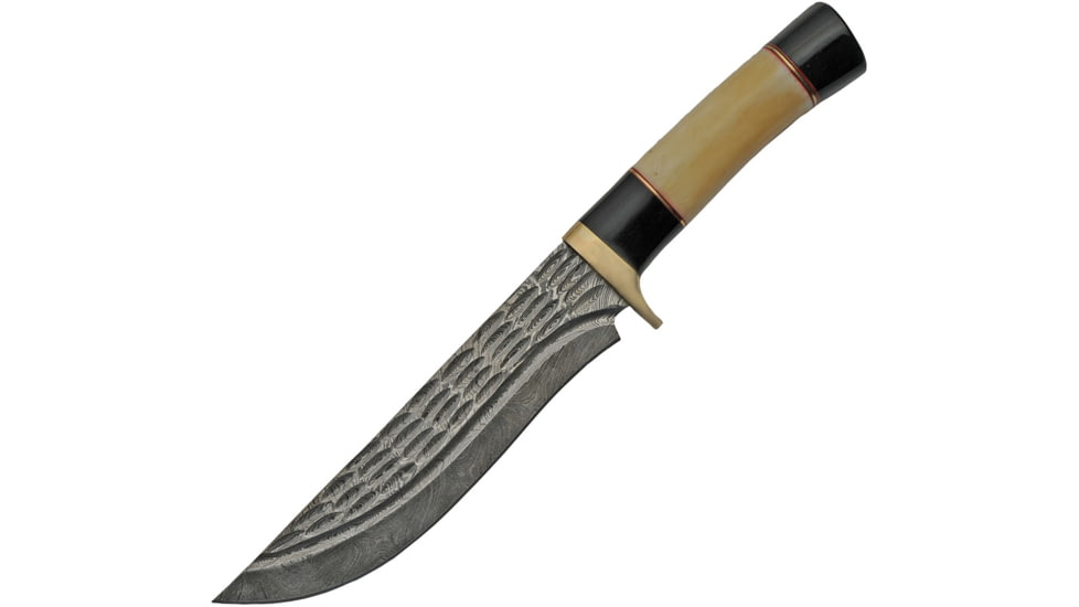 Damascus Camel Bone and Horn Hunter Knife, 7.25 Damascus steel blade, Camel bone and buffalo horn handle, DM-1227BO