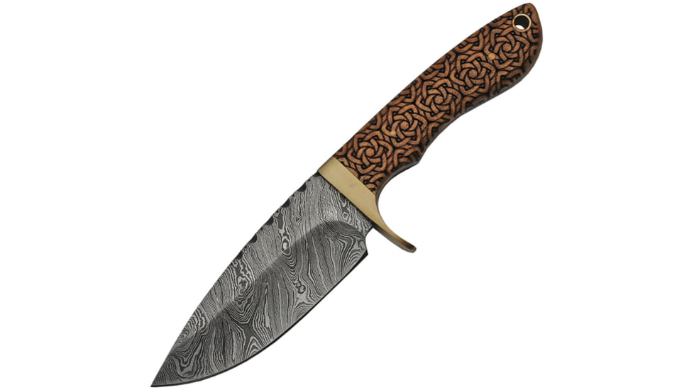 Damascus Celtic Knot Hunter Knife, 4.25 Damascus steel blade, Brown wood handle with celtic knot artwork, DM-1208