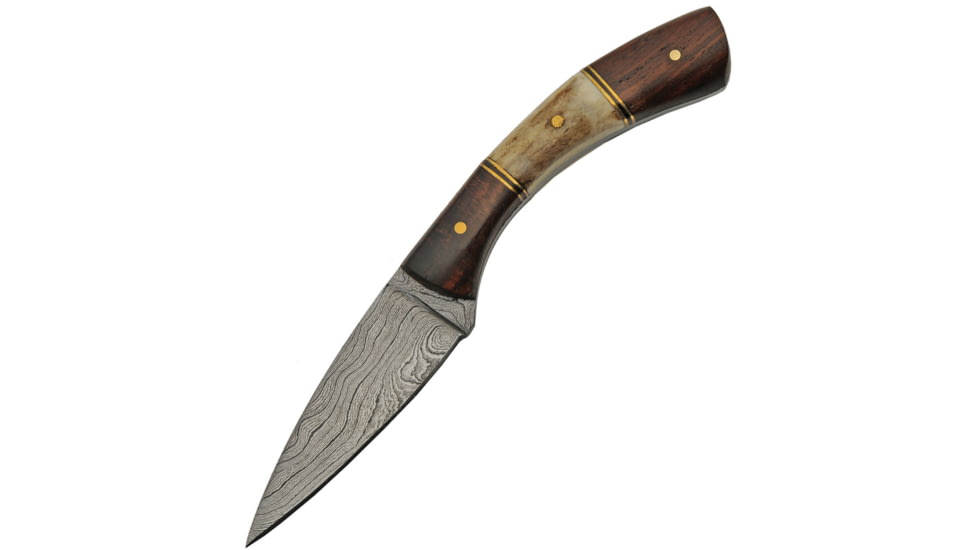 Damascus Curved Stag Skinner Knife, 3 Damascus steel skinner blade, Stag bone and brown wood handle, DM-1268