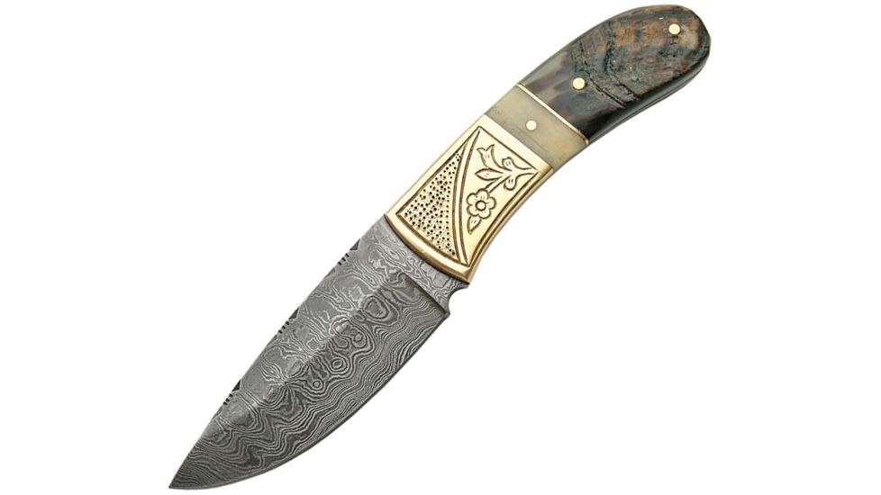 Damascus Hunter Horn Fixed Blade Knife, 3.5in, Damascus Steel, Drop Point, Ram Horn Handle, DM1084