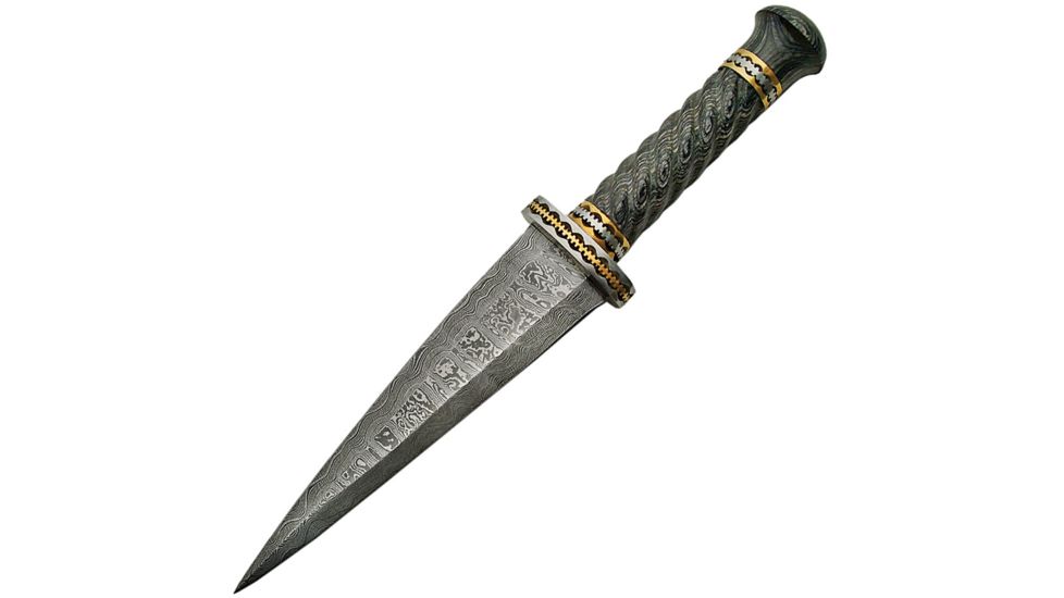 Damascus Dirk Pakkawood Handle Fixed Blade Knife, 7in, Damascus Steel, Double Edge Dagger, Black, Pakkawood Handle DM1113