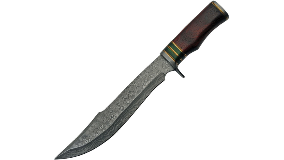 Damascus Exotic Damascus Bowie Knife, 10 Damascus steel bowie blade, Exotic wood handle with red, green, and brass spac, DM-1240