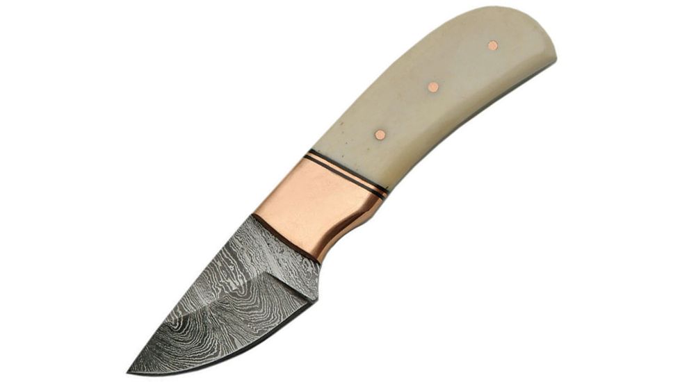 Damascus Fixed Blade Copper Fixed Blade Knife, 2in, Damascus Steel, Standard Edge, White, Bone Handle DM1146CP