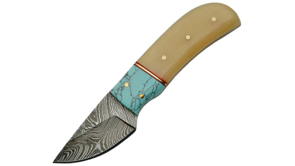 Damascus Fixed Blade Turquoise Fixed Blade Knife, 2in, Damascus Steel, Standard Edge, White, Bone Handle DM1146TR