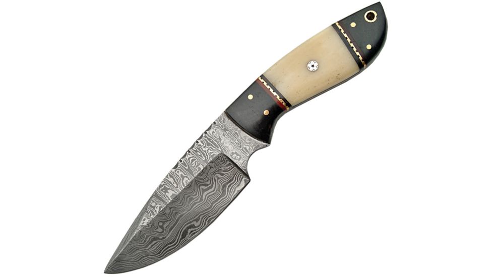 Damascus Fixed Blade White Bone Fixed Blade Knife, 9in, 3.625in, Damascus Steel, White, Smooth Bone Handle DM1085