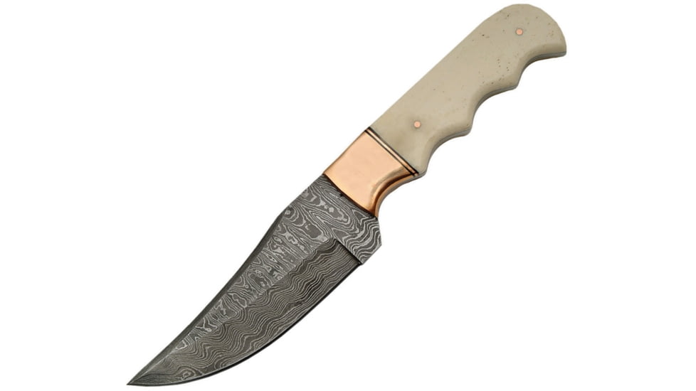 Damascus Fixed Copper/Bone Skinner Knife, 9in Overall, 4.5in Damascus Steel Clip Point Blade, White Smooth Bone Handle, Copper Bolster, Brown Leather Sheath, DM-1153