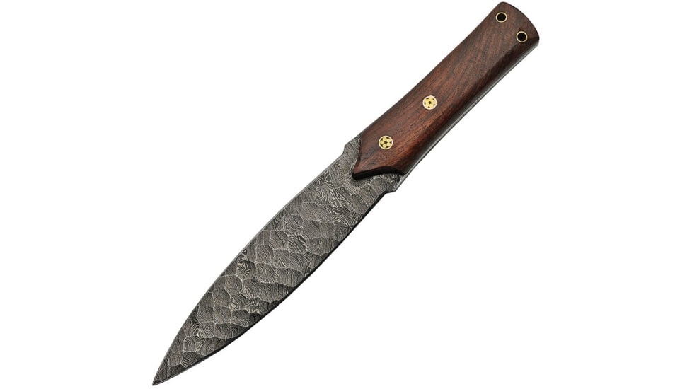 Damascus Flint Spear Hunter Knife, 12in Overall, 6.75in Double Edge Damascus Steel Spear Point Blade, Brown Wood Handle, Brown Leather Sheath, DM-1201