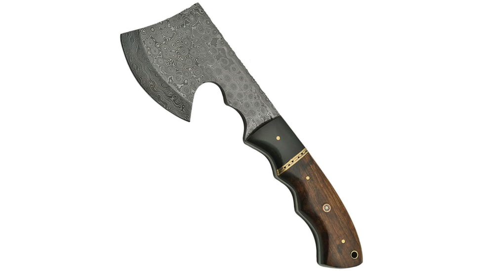 Damascus Hatchet, Overall 9.25in, Blade Damascus Steel L Standard Edge, Other Info 3in Axe Head With 3.25in Cutting Edge, Burl Wood Handle, DM1140