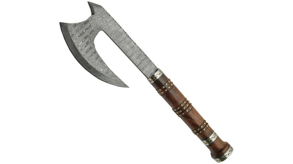 Damascus Hatchet Rosewood, 15 1/4in Overall, 7in Damascus Steel Axe Head With 1in Double Edge Sharpened Spike, Rosewood Handle, DM-1107