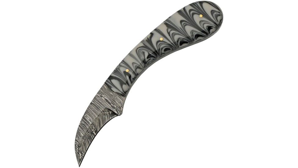 Damascus Hook Hunter Black Marble Knife, 2.5 Damascus steel curved blade, Black and white resin handle, DM-1260BK