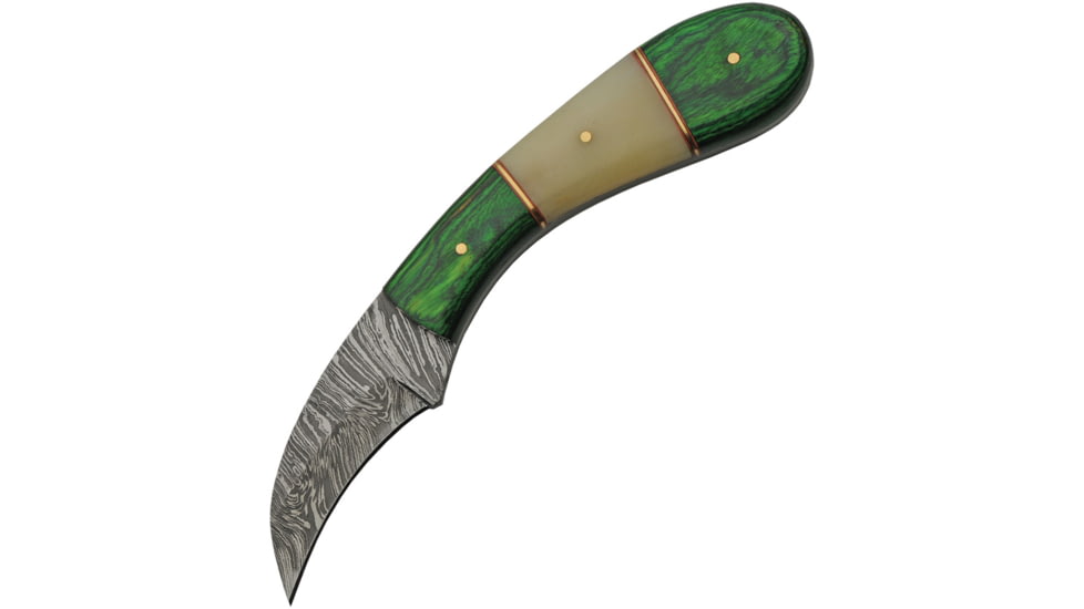 Damascus Hook Hunter Green Knife, 2.5 Damascus steel curved blade, Green wood and camel bone handle, DM-1260GN