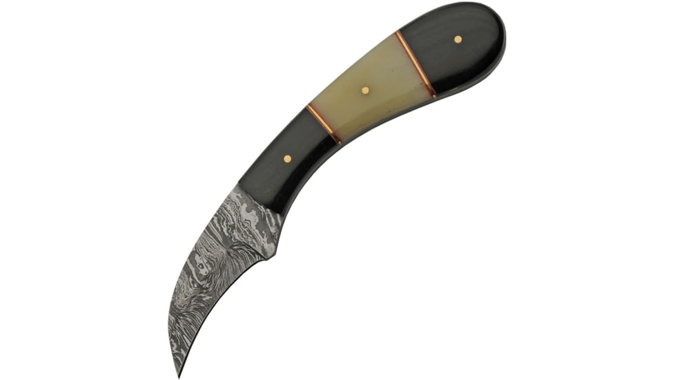 Damascus Hook Hunter Horn/Bone Knife, 2.5 Damascus steel curved blade, Buffalo horn and camel bone handle, DM-1260HN