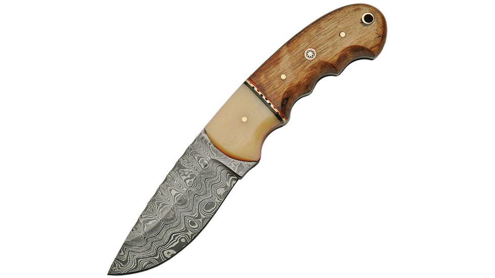 Damascus Hunter Fixed Blade Knife, 3.5in, Damascus Steel, Standard Edge, Bone and Walnut Handle DM1144
