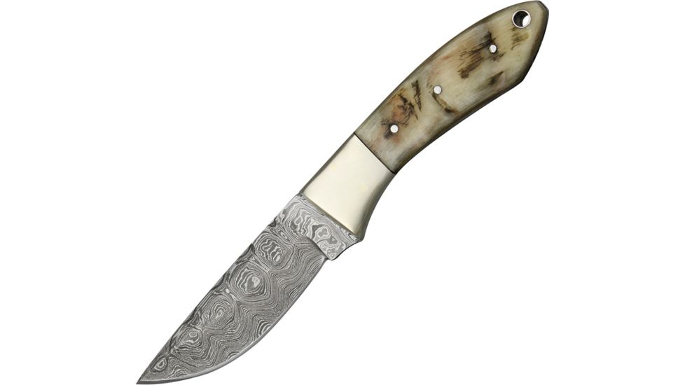 Damascus Hunter Fixed Knife, Damascus Steel Drop Point Blade, Rams horn Handle DM1050RM