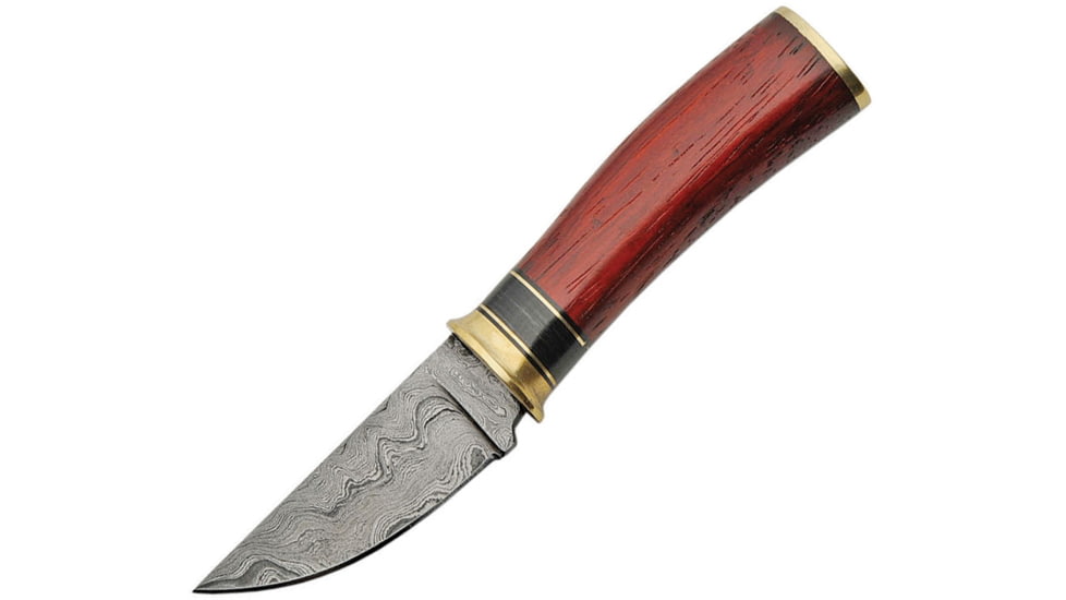 Damascus Hunter Knife, 7.25in Overall, 3in Damascus Steel Blade, Brown Wood Handle, Brass Guard, Brown Leather Sheath, DM-1185
