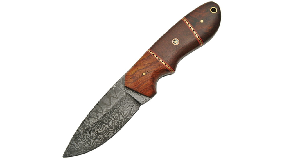 Damascus Hunter Micarta Rosewood Knife, 8.5in Overall, 4in Damascus Steel Blade, Rosewood And Brown Micarta Handle, Brown Leather Sheath, DM-1142