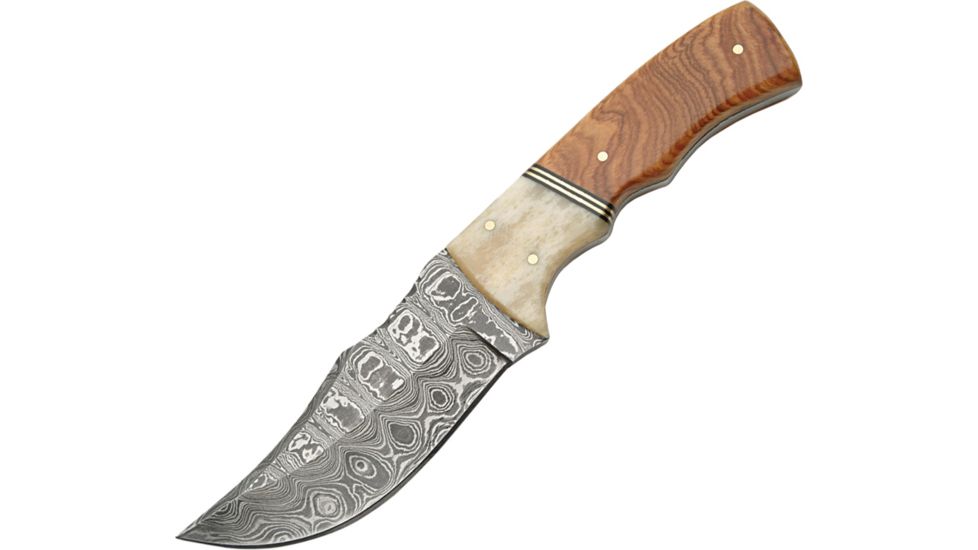 Damascus Hunter Wood and Bone Handle Fixed Blade Knife, 4in, Damascus Steel, Olive Wood Handle DM1079
