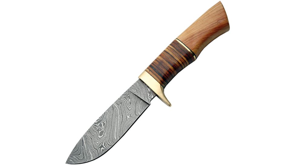 Damascus Hunter Wood/Leather Handle Fixed Blade Knife, 4.75in, Damascus Steel, Olive Wood Handle DM1100