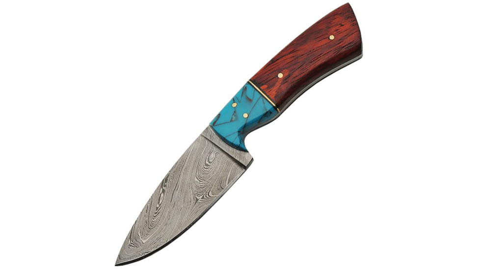 Damascus Knife, 8.5in Overall, 4in Damascus Steel Blade, Redwood And Turquoise Handle, Brown Leather Sheath, DM-1187
