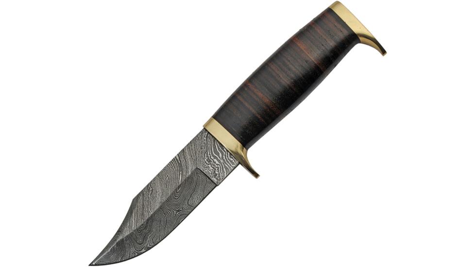 Damascus Leather Hunter Knife, 4.75 Damascus steel clip point blade, Stacked leather handle, DM-1222