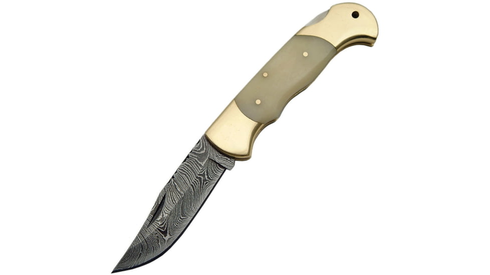 Damascus Lockback Bone Folding Knife, 3.25in Damascus Steel Clip Point Blade, White Smooth Bone, DM-1162BO