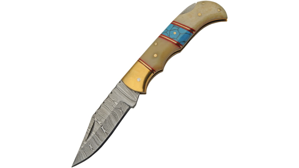 Damascus Lockback Bone/Turquoise