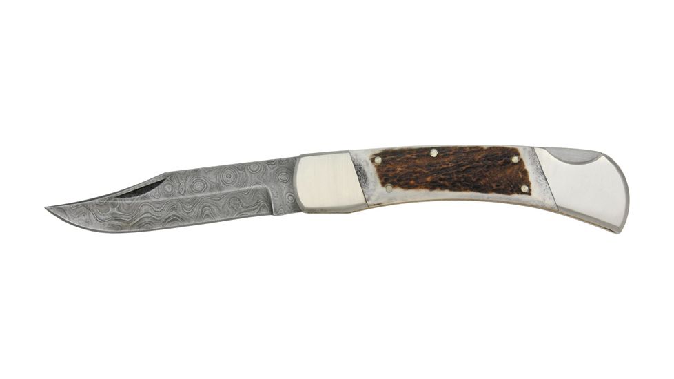 Damascus Lockback Fold Knife, Steel Clip Blade, Stag Handles with nickel silver bolsters DM1020