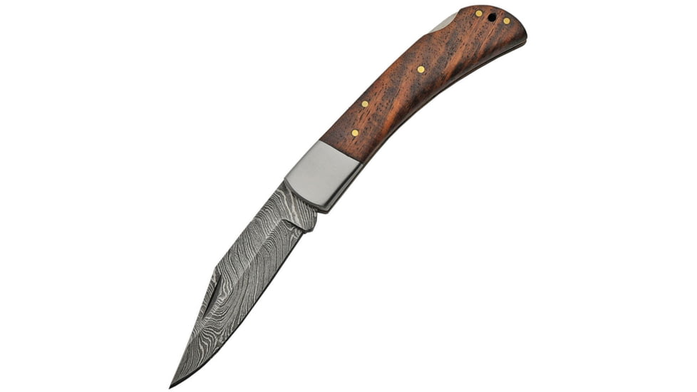 Damascus Lockback Folding Knife, 3.25in Damascus Steel Clip Point Blade, Brown Wood, DM-1180
